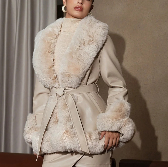 Fuzzy Collar Belted Coat - Picture 1 of 7